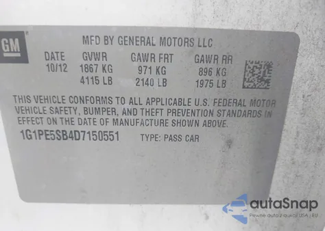 2013 Chevrolet Cruze 2Lt Auto z USA, uszkodzony, nr VIN 1G1PE5SB4D7150551